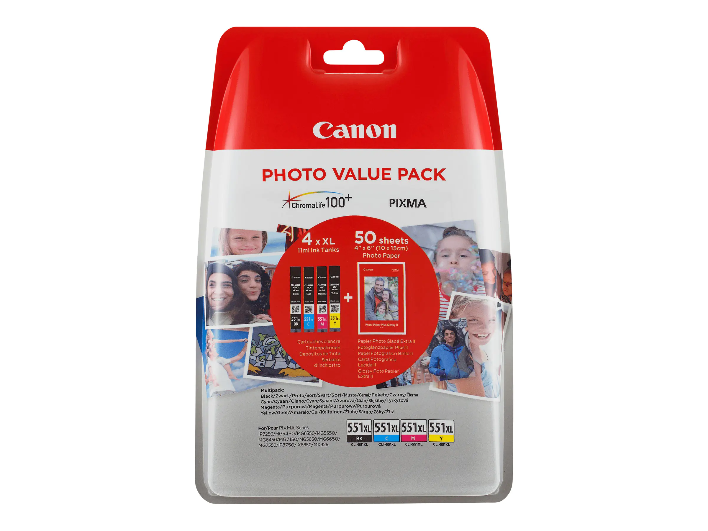 Canon CLI-551XL C/M/Y/BK Photo Value Pack - 4er-Pack - 11 ml - Schwarz, Gelb, Cyan, Magenta - Original - Blisterverpackung - Tintenbehälter - für PIXMA iP8750, iX6850, MG5550, MG5650, MG5655, MG6450, MG6650, MG7150, MG7550, MX725, MX925