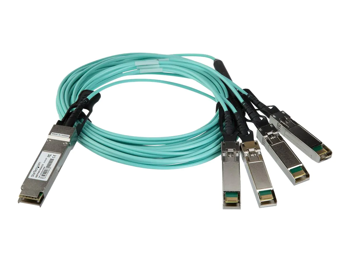 StarTech 3m Cisco QSFP-4X10G-AOC3M kompatibel - QSFP+ Breakout Kabel - QSFP+ auf 4x SFP+ - 40g AOC Kabel - Kabelpeitsche - QSFP+ eingerastet zu SFP+ eingerastet - 3 m - Glasfaser - SFF-8431/SFF-8432/SFF-8436 - aktiv - Schwarz