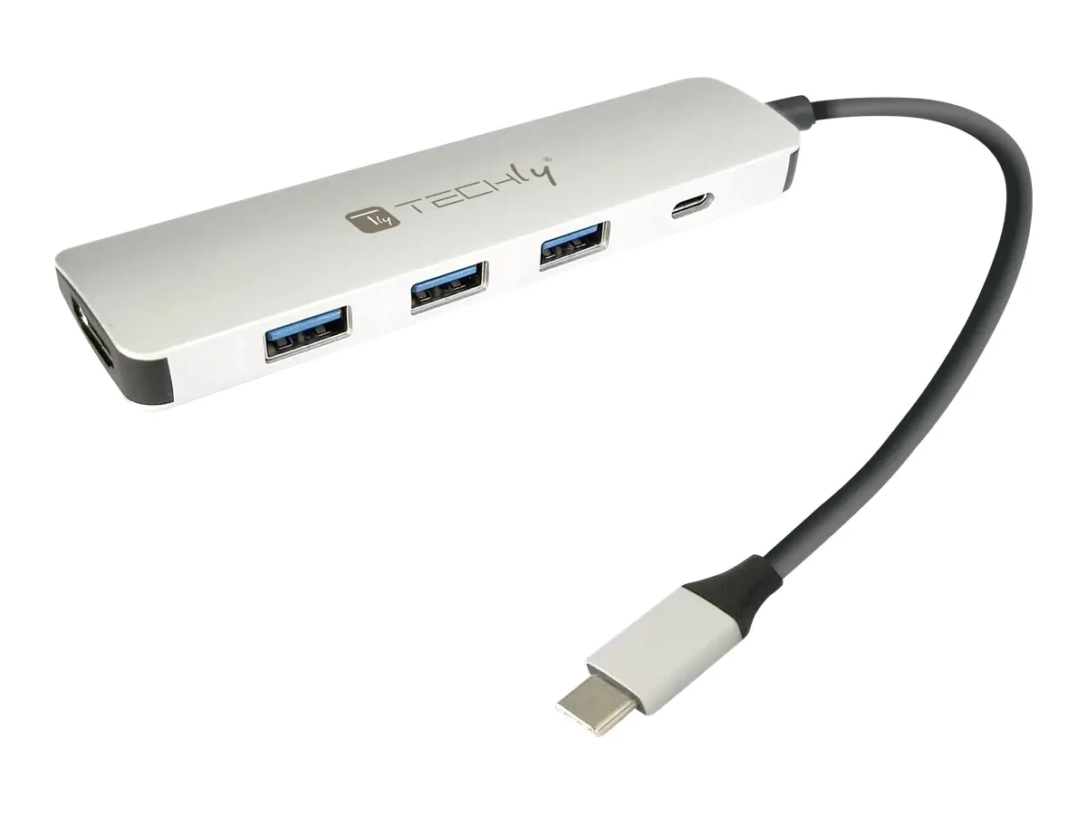 TECHly - Hub - Aluminium, SuperSpeed USB 3.1 Gen 1 Typ C - 4 x SuperSpeed USB 3.0 + 1 x USB-C (Spannungsversorgung) - Desktop