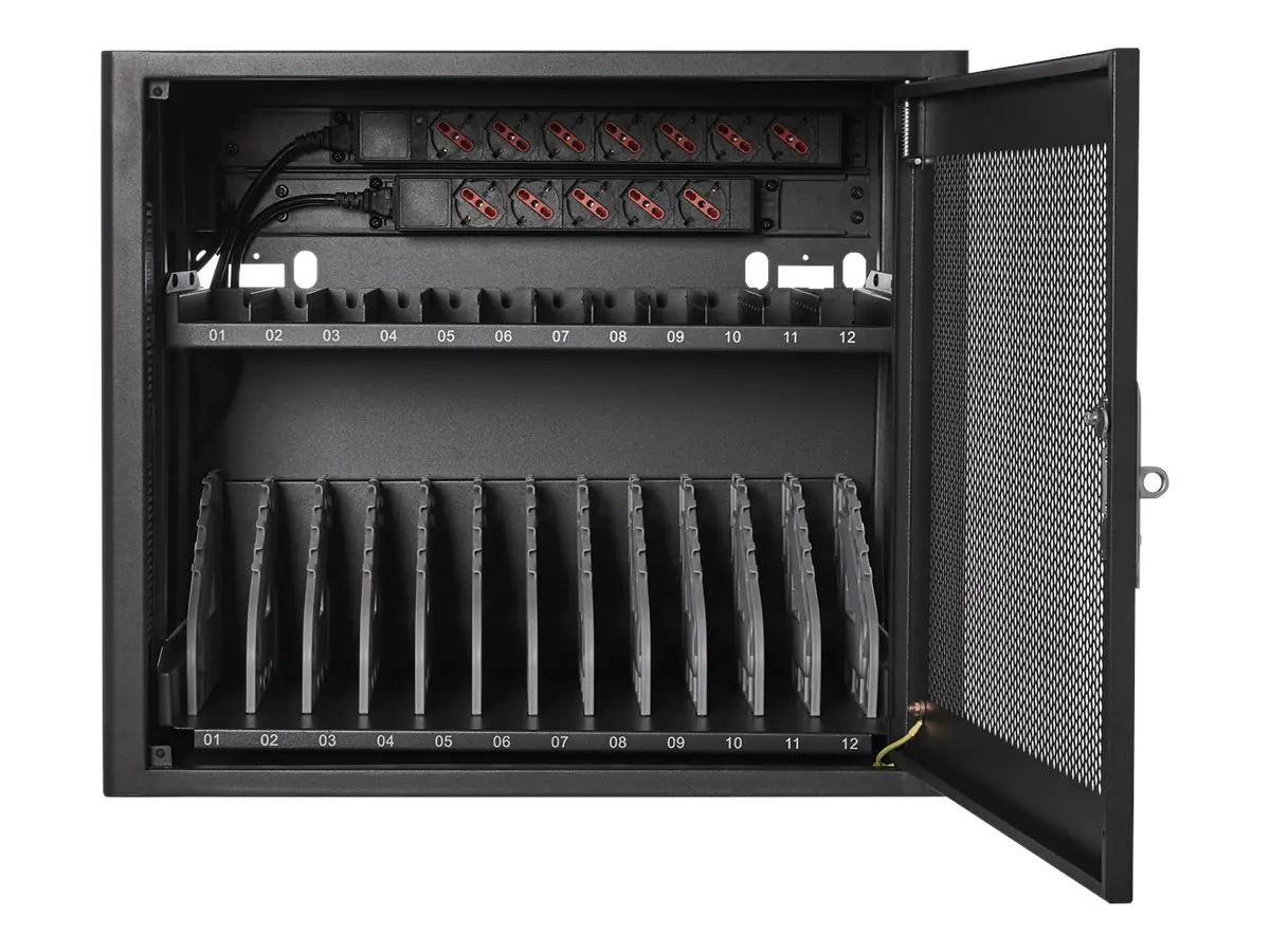 V7 CHGSTA12AC-1E - Gehäuse - für 12 Tablets / Notebooks - verriegelbar - hochwertiger, kalt gerollter Stahl - Schwarz - Bildschirmgröße: bis zu 38,1 cm (bis zu 15 Zoll) - Wandmontage, Schreibtisch