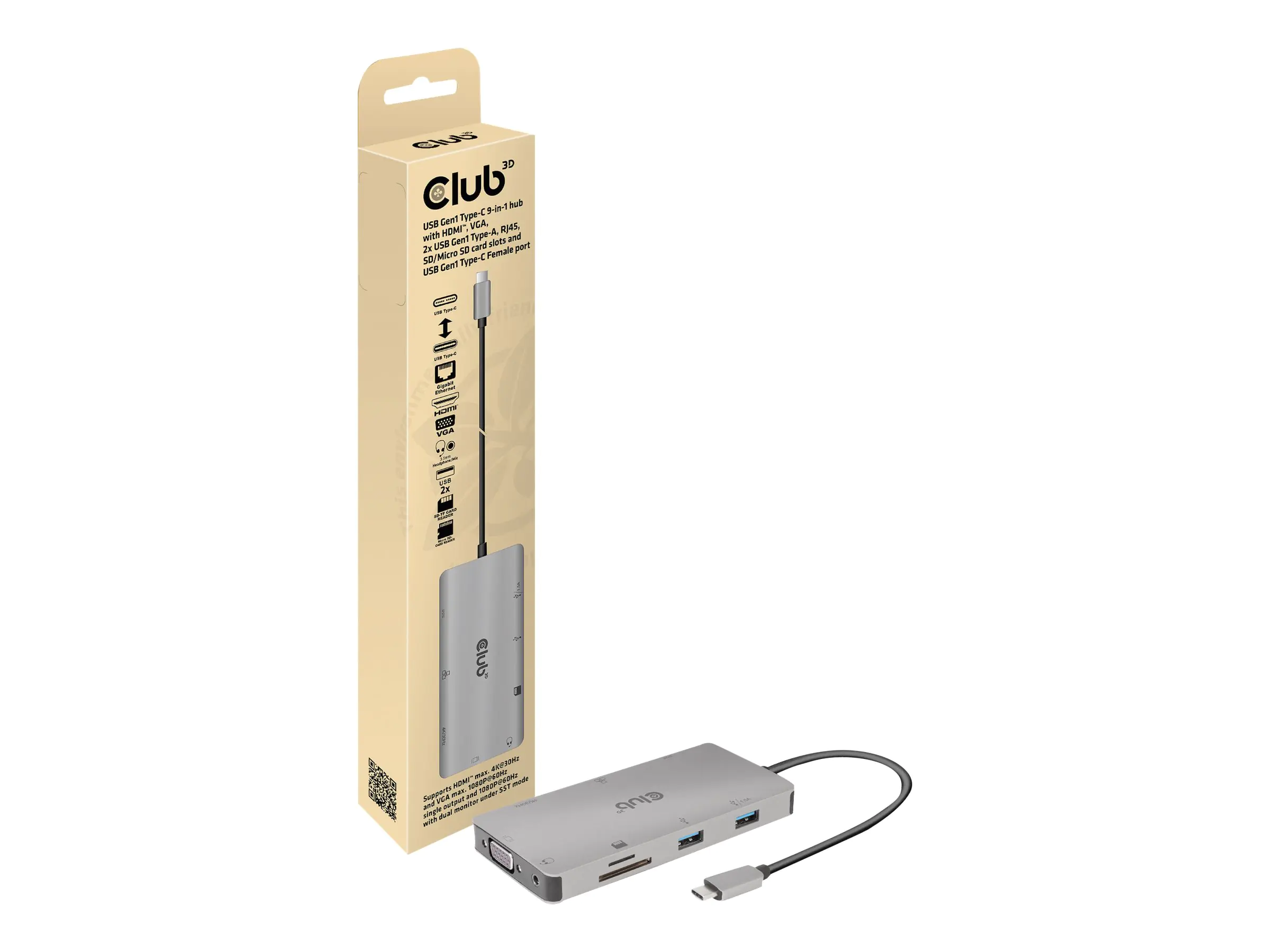 Club 3D USB Gen1 Type-C 9-in-1 hub - Dockingstation - USB-C - VGA, HDMI - 1GbE