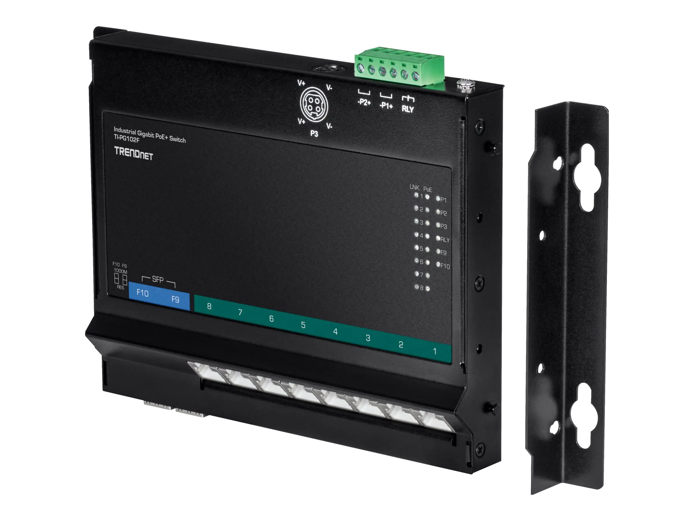TRENDnet TI-PG102F - Industrial - Switch - 8 x 10/100/1000 (PoE+) + 2 x Kombi-Gigabit-SFP - an DIN-Schiene montierbar, wandmontierbar - PoE+ (240 W) - Gleichstrom - TAA-konform