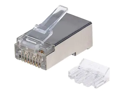 Intellinet 90er-Pack Cat6A RJ45-Modularstecker, STP, 3-Punkt-Aderkontaktierung, für Massivdraht, 90 Stecker im Becher - Netzwerkanschluss - RJ-45 (M) - STP - CAT 6a - robust (Packung mit 90)
