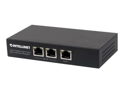 Intellinet 2-Port Gigabit High-Power PoE+ Extender, IEEE 802.3at/af PoE+/PoE, verlängert die Reichweite einer PoE-Verbindung um zusätzliche 100 Meter, 2 PSE-Ports, Metall - Repeater - 1GbE - 10Base-T, 100Base-TX, 1000Base-T - 2 Anschlüsse - RJ-45 / 2 x RJ