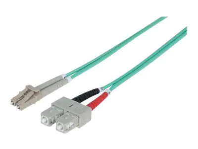 Intellinet Fibre Optic Patch Cable, OM3, LC/SC, 2m, Aqua, Duplex, Multimode, 50/125 Âµm, LSZH, Fiber, Lifetime Warranty, Polybag - Patch-Kabel - SC multi-mode (M) bis LC Multi-Mode (M) - 2 m - Glasfaser - Duplex - 50/125 Mikrometer - OM3 - halogenfrei - A