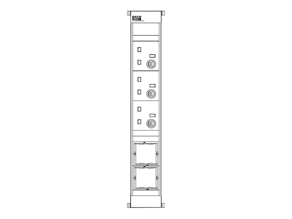 Bachmann POWER FRAME - Größe L - Steckdosenleiste - Wechselstrom 250 V - Eingabe, Eingang GST18i3 - Ausgangsanschlüsse: 3 (3 x BS 1363) - 20 cm Schnur - Großbritannien - Schwarz, RAL 9005