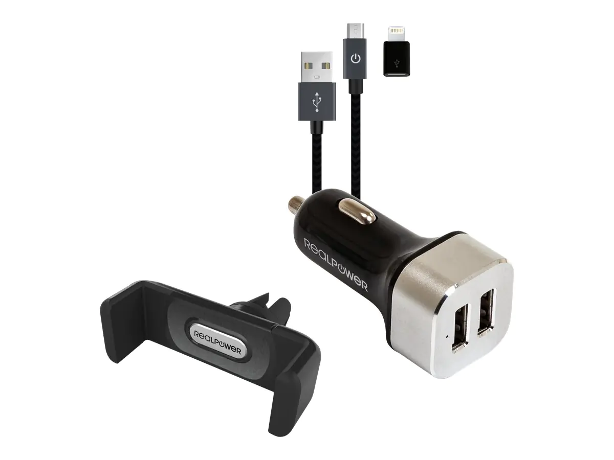 Realpower Mobile Car Set - Auto-Netzteil - 2.4 A - 2 Ausgabeanschlussstellen (2 x USB) - auf Kabel: Micro-USB, Lightning