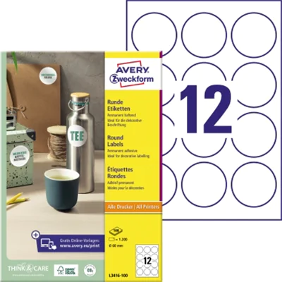 Avery Zweckform Avery Etiketten in Sonderformaten, weiß, 60 x 60 mm, permanent, Weiß, Selbstklebendes Druckeretikett, A4, Papier, Laser/Inkjet, Dauerhaft L3416-100