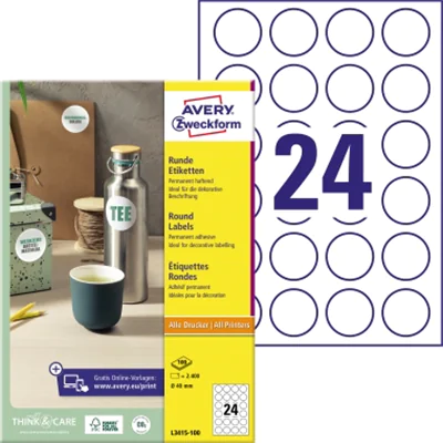 Avery Zweckform Avery L3415-100, Weiß, Papier, A4, 4 cm, 24 Stück(e), 100 Blätter