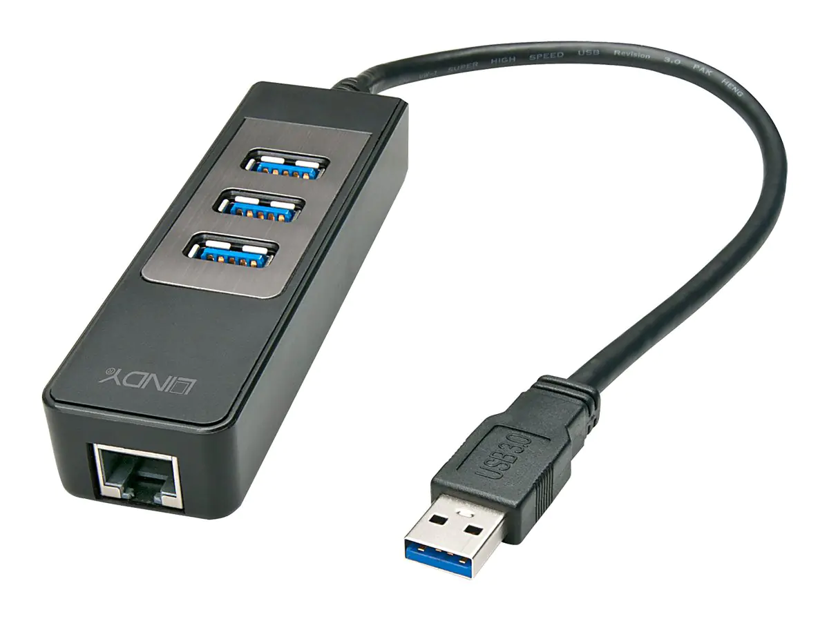 Lindy USB 3.1 Hub & Gigabit Ethernet Adapter - Netzwerk-/USB-Adapter - USB 3.1 Gen 1 - Gigabit Ethernet x 1 + USB 3.1 x 3 - Schwarz