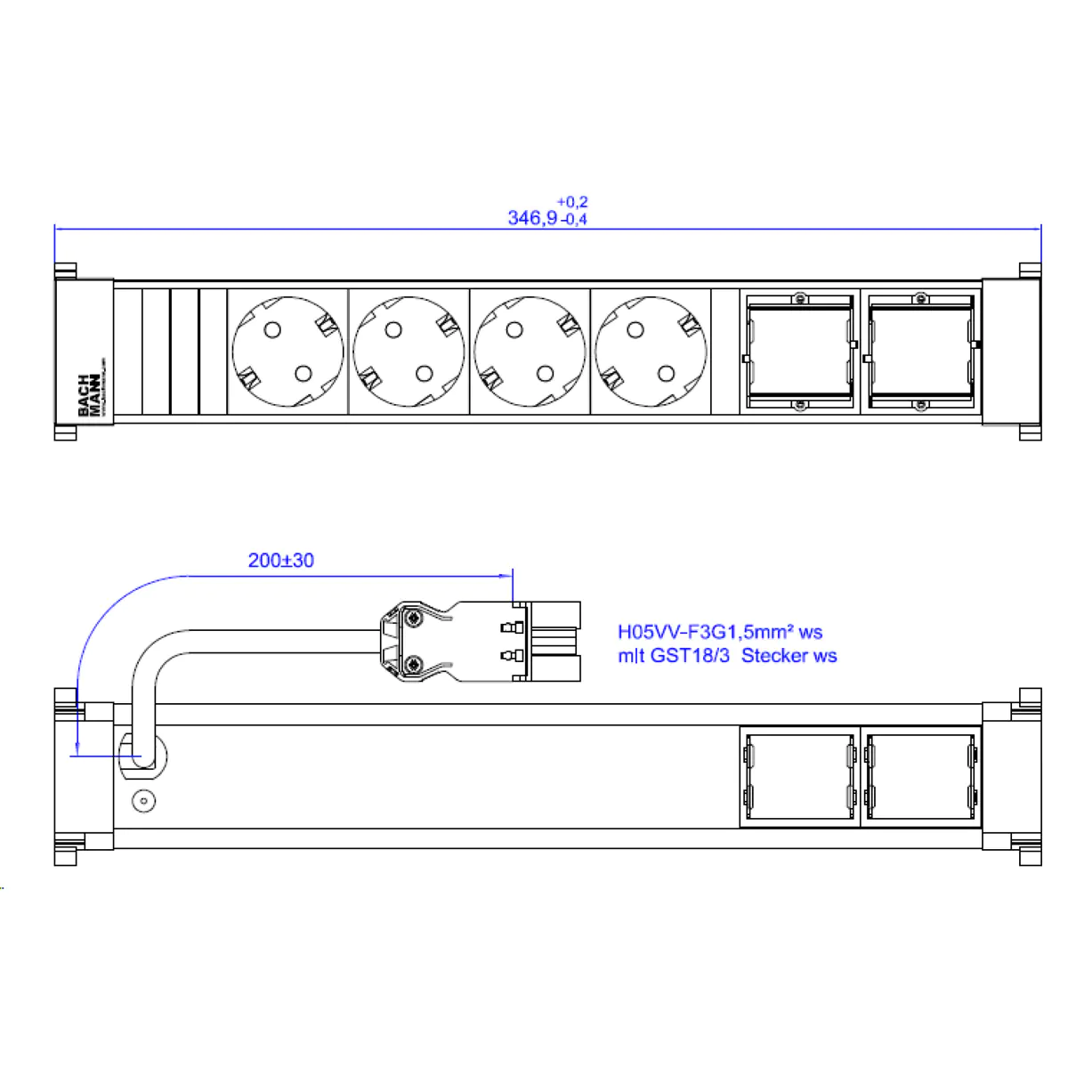 Bachmann POWER FRAME 4xCEE7/3916.7052xCM 0 2m GST18 RAL9010