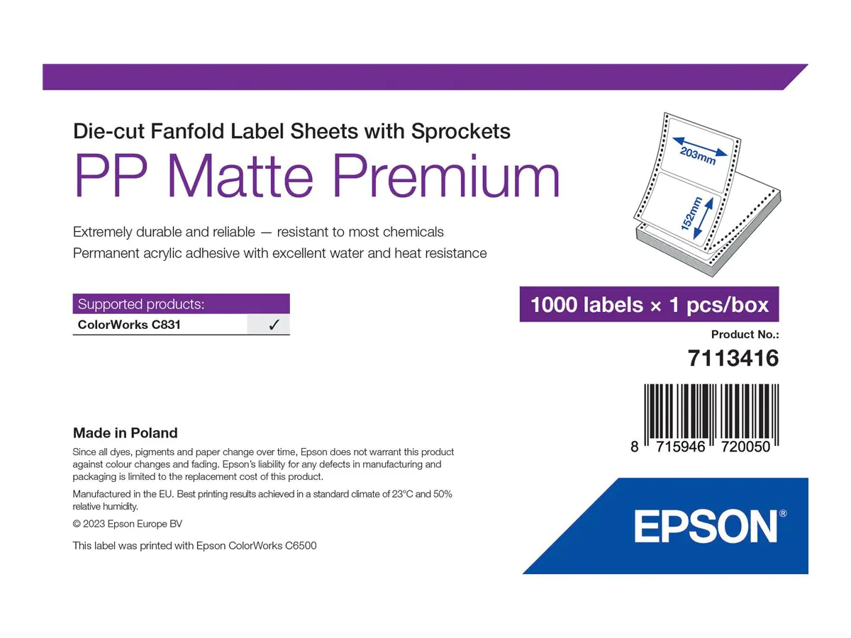 Epson Premium - Polypropylen (PP) - matt - permanenter Acrylklebstoff - 203 x 152 mm 1000 Etikett(en) (1 Bogen x 1000) Box - gestanzte Etiketten mit Ritzel