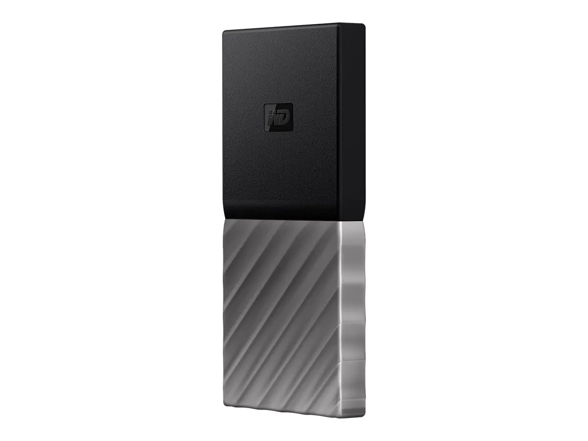 WD My Passport SSD WDBKVX0020PSL - SSD - verschlüsselt - 2 TB - extern (tragbar) - USB 3.1 Gen 2 (USB-C Steckverbinder) - 256-Bit-AES - schwarze Oberseite mit gunmetal (mittel metallisch grau) Boden