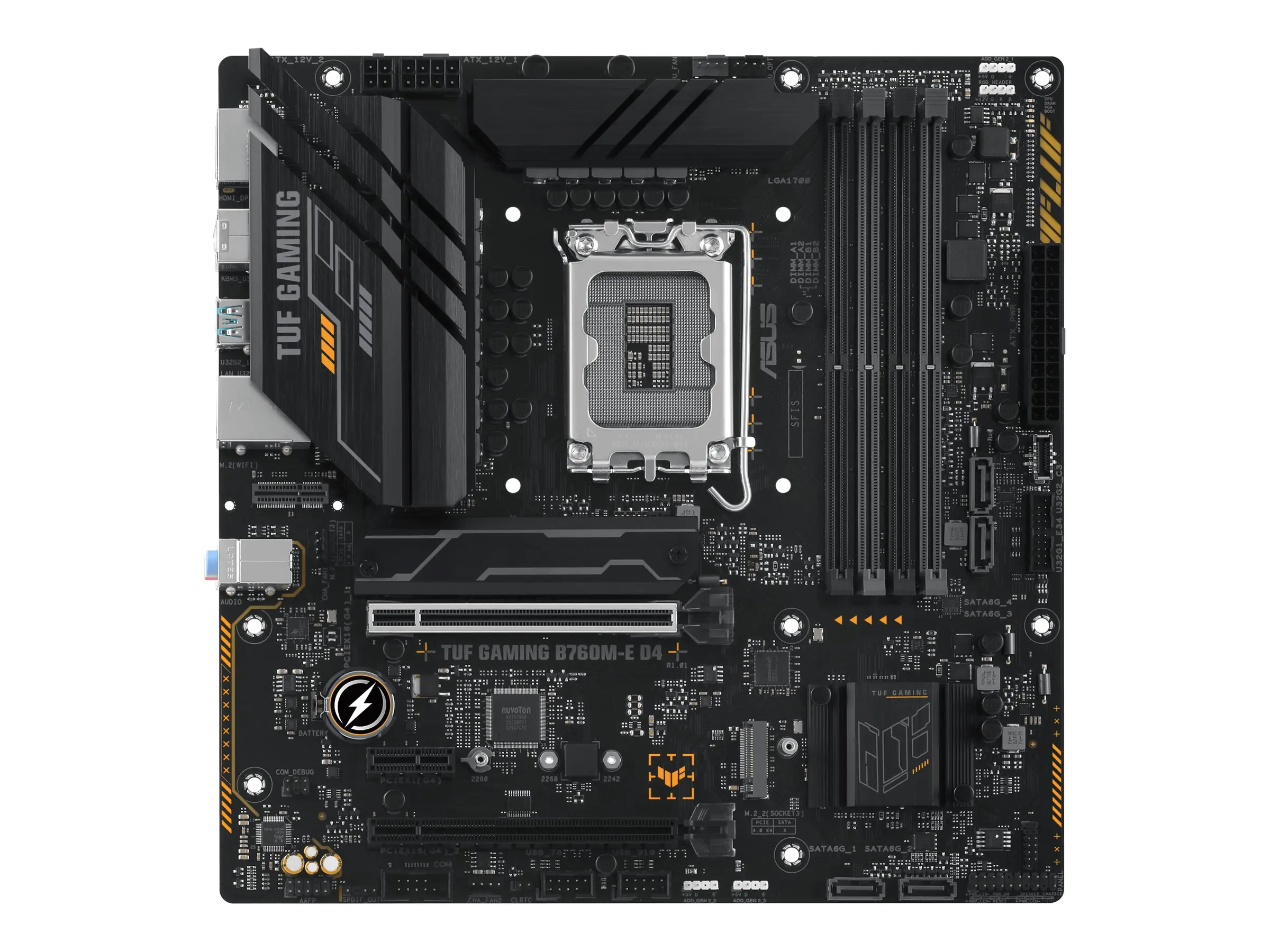 ASUS TUF GAMING B760M-E D4 - Motherboard - micro ATX - LGA1700-Sockel - B760 Chipsatz - USB-C Gen2, USB 3.2 Gen 1, USB 3.2 Gen 2 - 2.5 Gigabit LAN - Onboard-Grafik (CPU erforderlich) - HD Audio (8-Kanal)