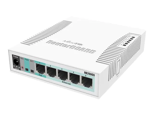 MikroTik RB260GS - Switch - managed - 1 x 10/100/1000 (PoE) + 4 x 10/100/1000 + 1 x SFP - Desktop