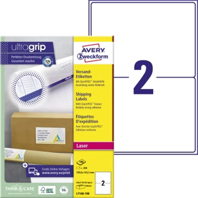 Avery Zweckform Adressetikett ultragrip 199,6 x 143,5 mm (B x H) Papier weiß 200 Etik./Pack.