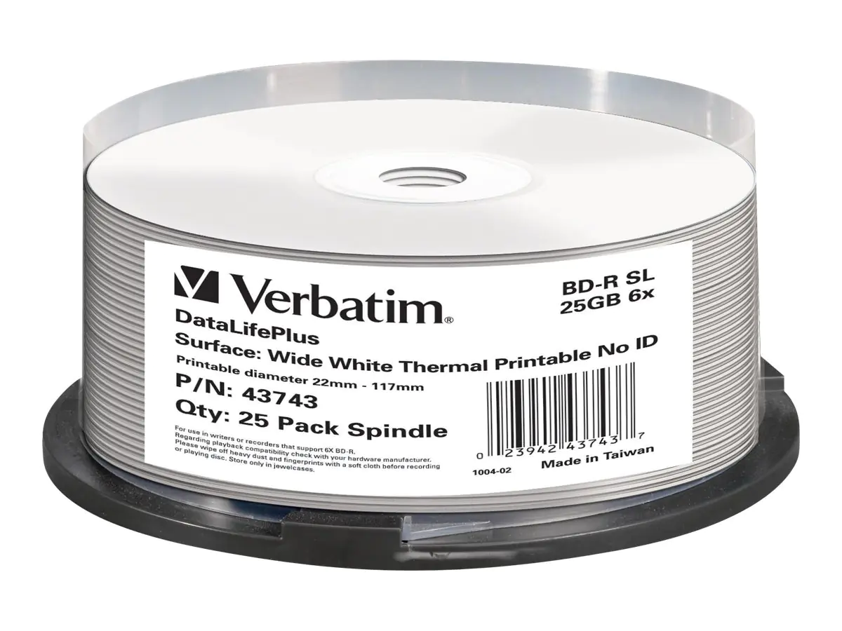 Verbatim DataLifePlus - 25 x BD-R - 25 GB 6x - breite Thermodruckfläche - Spindel