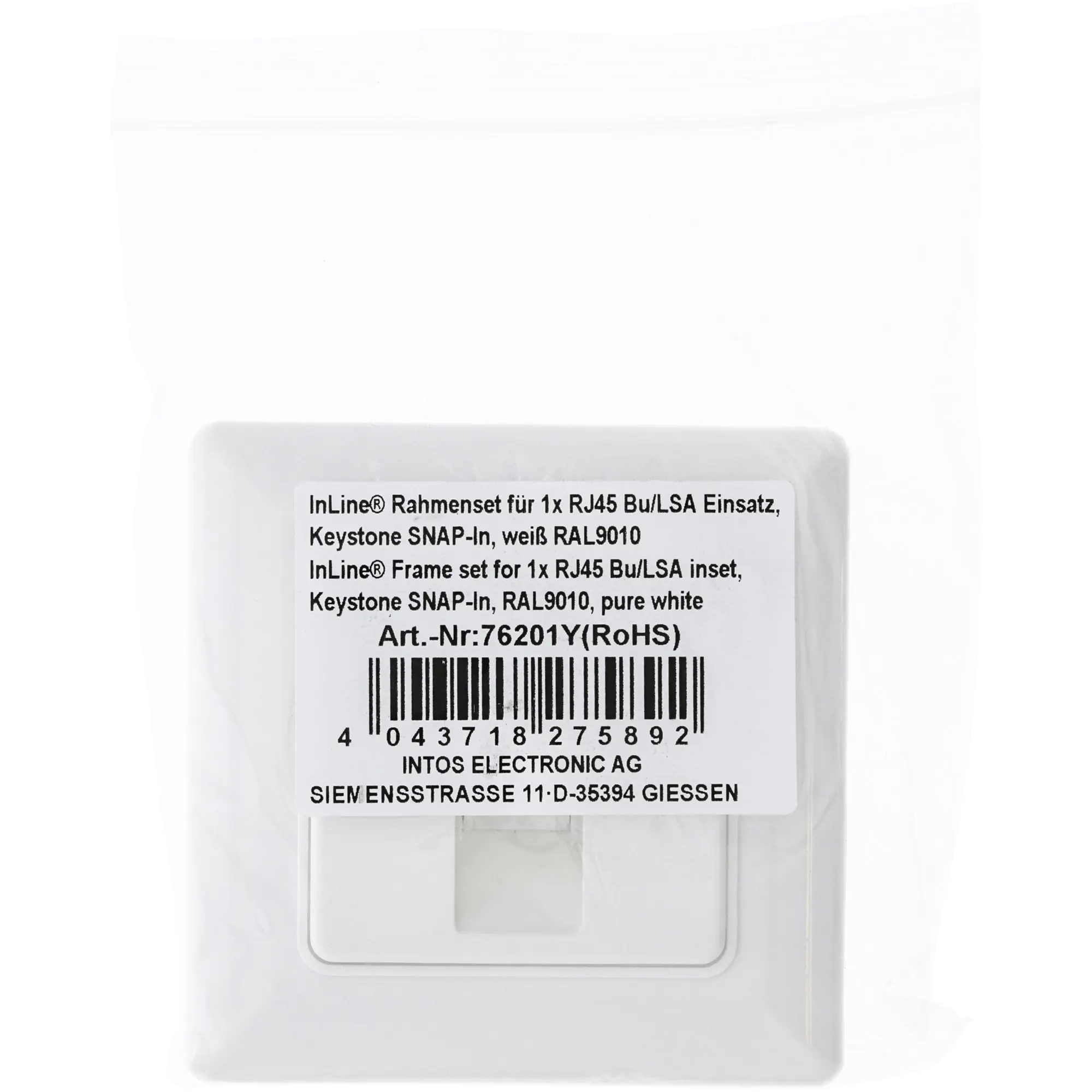 InLine Rahmenset für 1x RJ45 Bu/LSA Einsatz - Keystone SNAP-In - weiß RAL9010