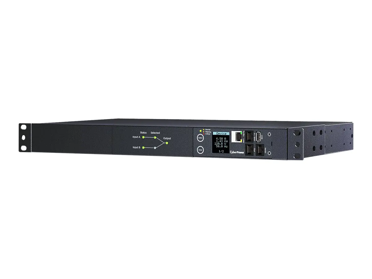 CyberPower Switched ATS PDU44005 - Stromverteilungseinheit (Rack - einbaufähig) - Wechselstrom 200-240 V - 1-phasig - serial, Ethernet - Eingabe, Eingang 2 x IEC 60320 C20 - Ausgangsanschlüsse: 10 (8x IEC 60320 C13, 2 x IEC 60320 C19) - 1U - 3.05 m Schnur