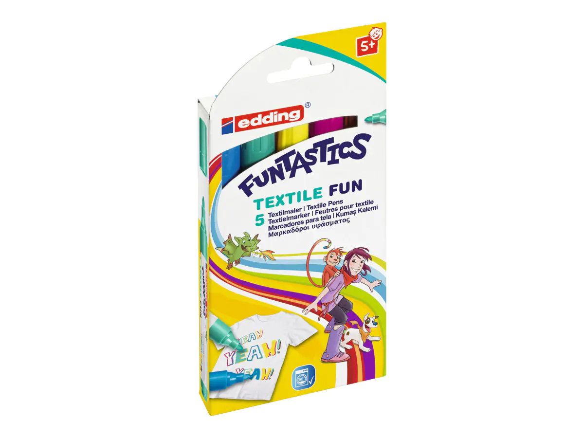 EDDING FUNTASTICS 17 TEXTILE FUN - Marker - für Textil - Hellblau, Gelb, braun, Karminrot, Blassgrün - wasserbasierte Tinte - 2-3 mm (Packung mit 5) 4-17-5