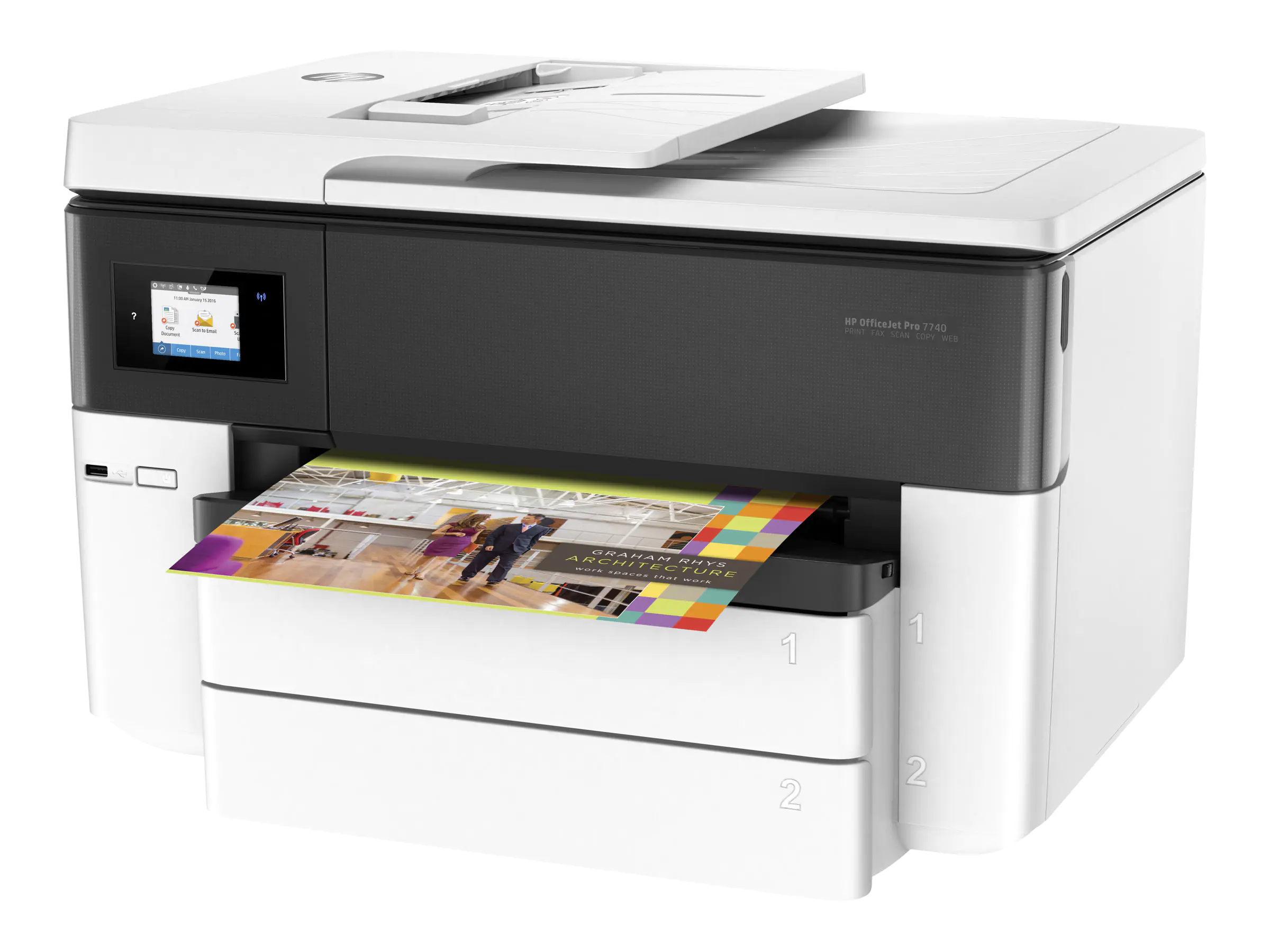 HP Officejet Pro 7740 All-in-One - Multifunktionsdrucker - Farbe - Tintenstrahl - A3/Ledger (297 x 432 mm) (Original) - A3 (Medien) - bis zu 33 Seiten/Min. (Kopieren) - bis zu 22 Seiten/Min. (Drucken) - 250 Blatt - 33.6 Kbps - USB 2.0, LAN, Wi-Fi(n), USB-