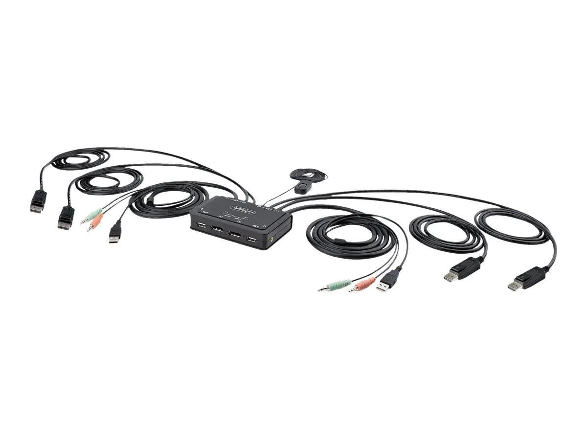 StarTech 2-Port Dual-Monitor DisplayPort Cable KVM Switch, 4K 60Hz, Compact KVM with 5ft/1.5m USB-A/DisplayPort/Audio Integrated Cables, Bus Powered - Remote Push Button/Hotkey Switching (C2-DD46-UA2-CBL-KVM) - KVM-/Audio-/USB-Switch - kompakt - 2 x KVM/A