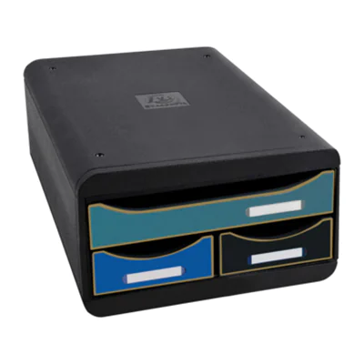 Exacompta Schubladenbox SMALL-BOX Mini 3 Schubladen DIN A4, Überbreite Polystyrol Gehäusefarbe: schwarz Farbe der Schublade: mehrfarbig