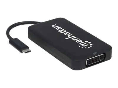 Manhattan USB-C Dock/Hub, Ports (x4): DisplayPort, DVI-I, HDMI or VGA, Note: Only One Port can be used at a time, External Power Supply Not Needed, Cable 8cm, Black, Three Year Warranty, Blister - Videoadapter - 24 pin USB-C männlich zu HD-15 (VGA), DVI-I