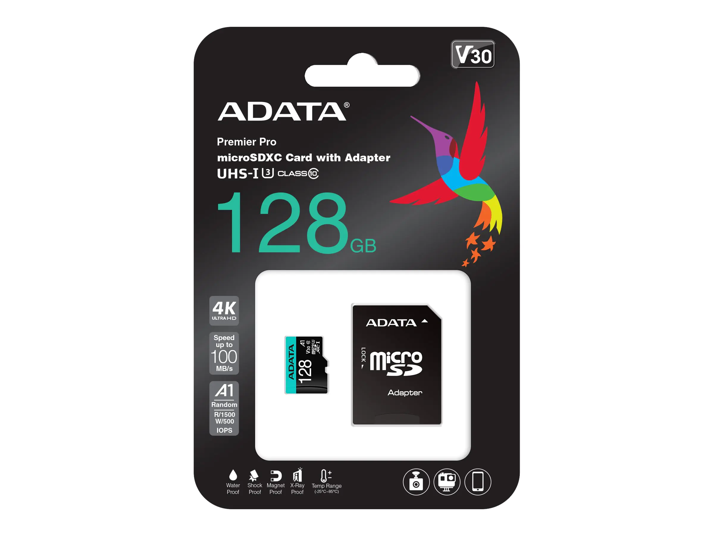 ADATA Premier Pro V30S - Flash-Speicherkarte (SD-Adapter inbegriffen) - 128 GB - A2 / Video Class V30 / UHS-I U3 / Class10 - microSDXC UHS-I