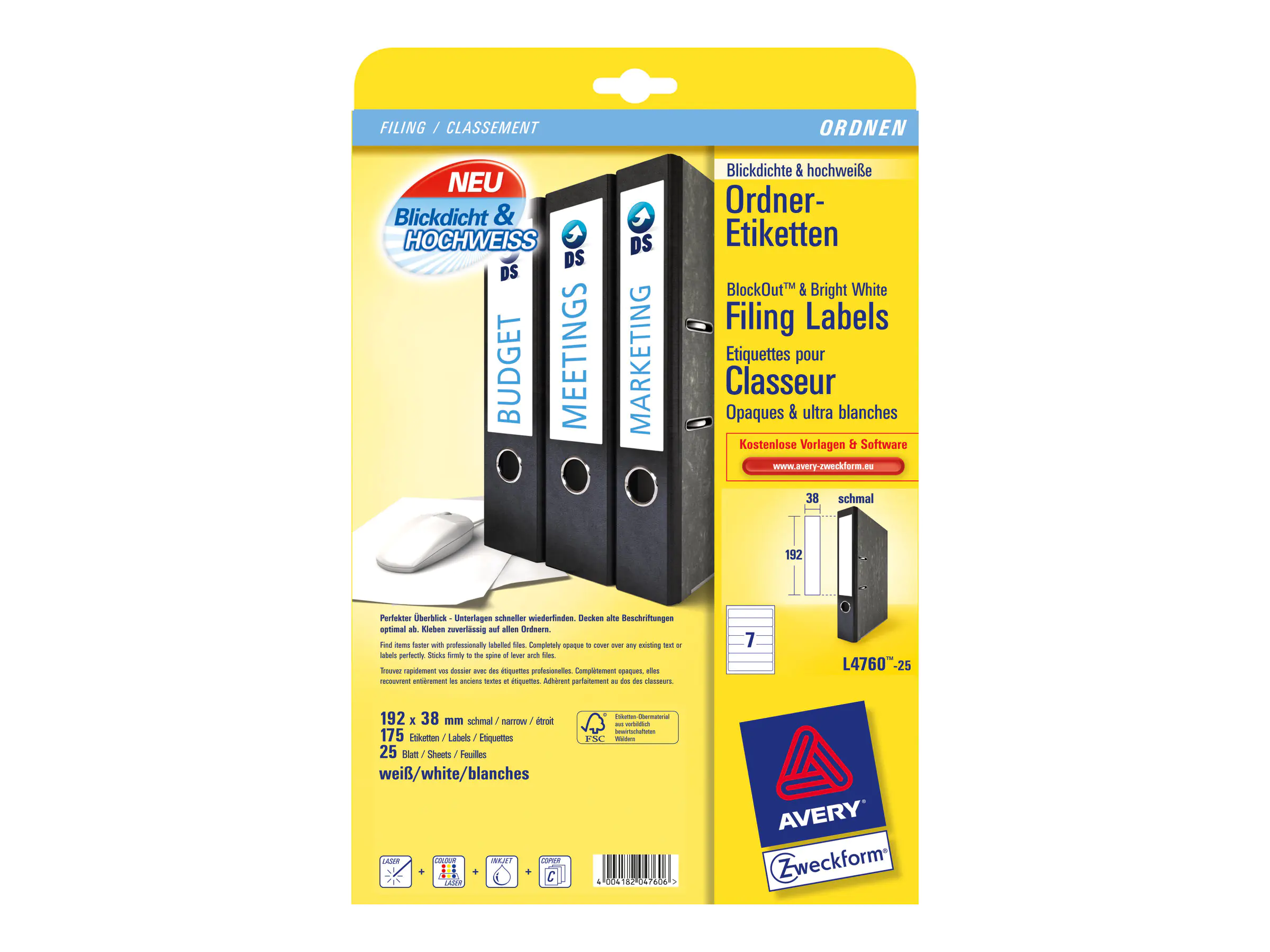 Avery Zweckform Avery File Folder Labels - Weiß - 192 x 38 mm L4760-25