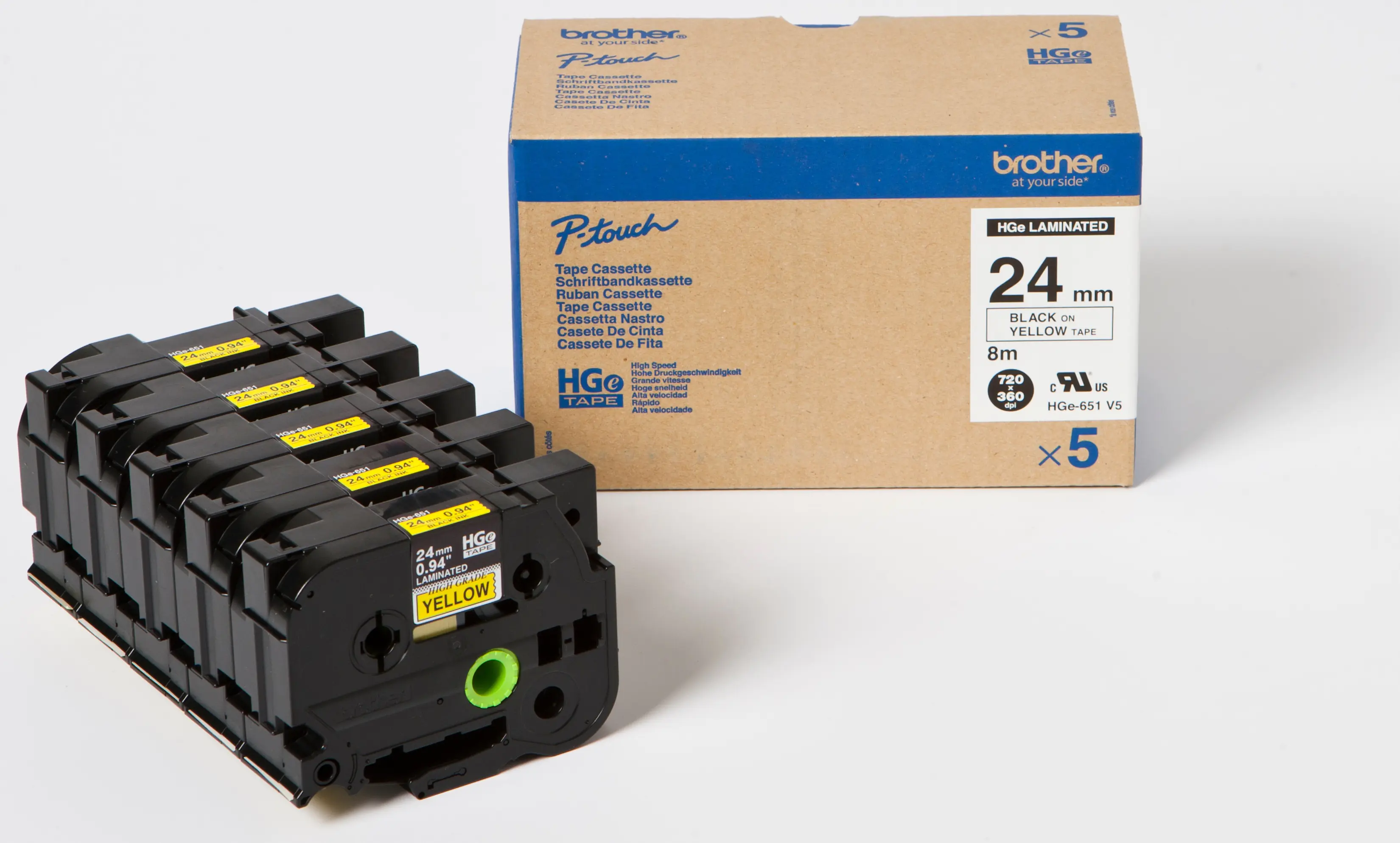 Brother HGE-651V5 - Schwarz auf Gelb - Rolle (2,4 cm x 8 m) 5 Kassette(n) laminiertes Band - für P-Touch PT-9500pc, PT-9700PC, PT-9800PCN; P-Touch R RL-700S