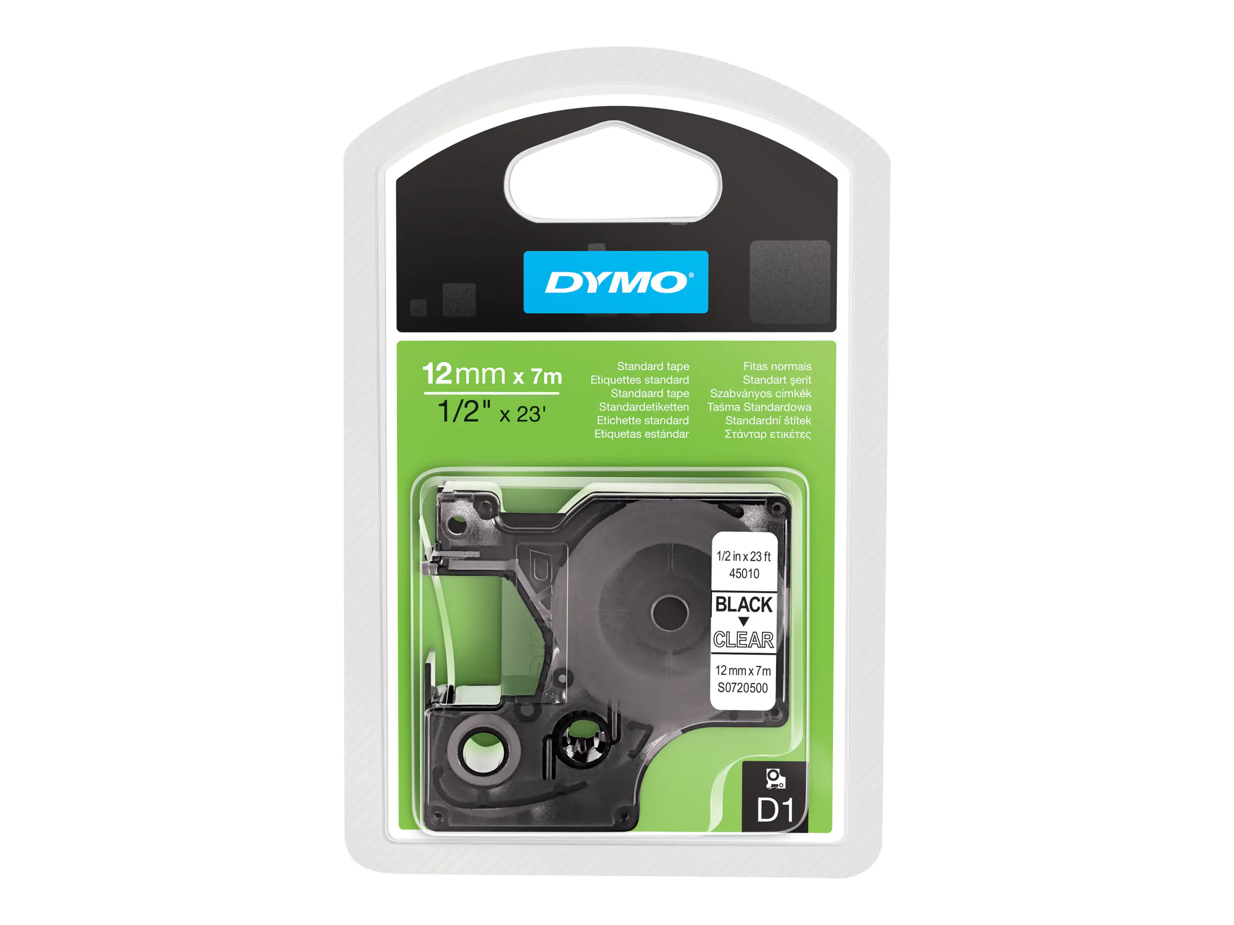 DYMO D1 - Selbstklebend - Schwarz auf Transparent - Rolle (1,2 cm x 7 m) 1 Kassette(n) Etikettenband - für LabelMANAGER 100, 160, 210, 220, 260, 280, 300, 360, 420, Wireless PnP; LabelPOINT 250