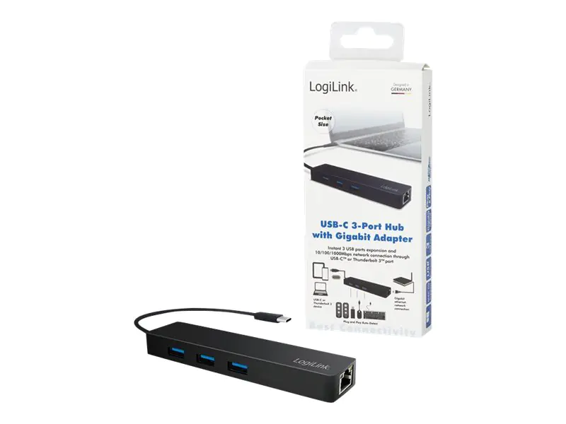LogiLink USB-C hub, 3 ports + Gigabit adapter - Hub - 3 x USB 3.1 Gen 1 + 1 x 10/100/1000 - Desktop
