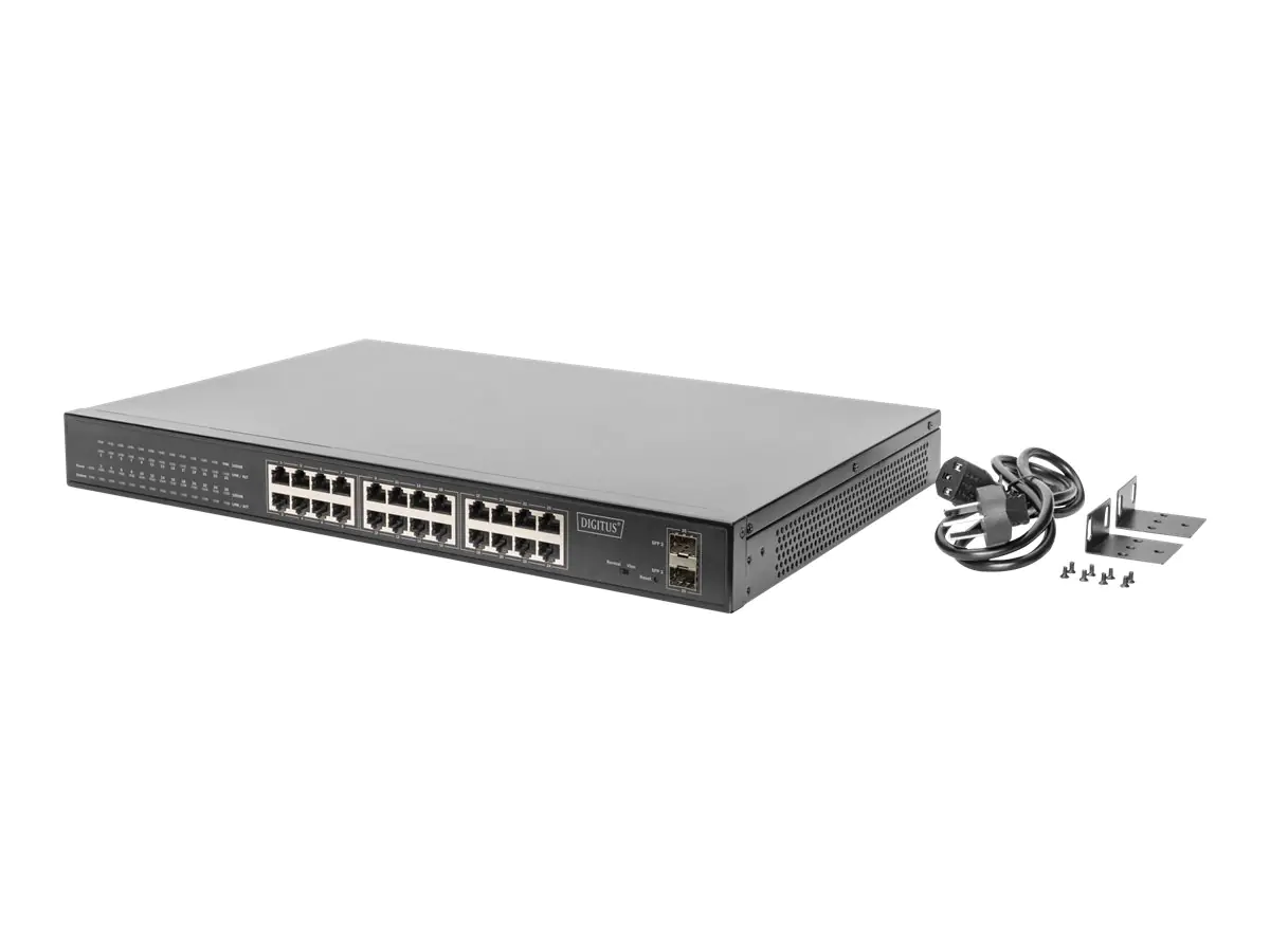 Digitus DN-95348 - Switch - 24 x 10/100/1000 (PoE+) + 2 x Gigabit SFP (Uplink) - Desktop, an Rack montierbar - PoE+ (380 W)