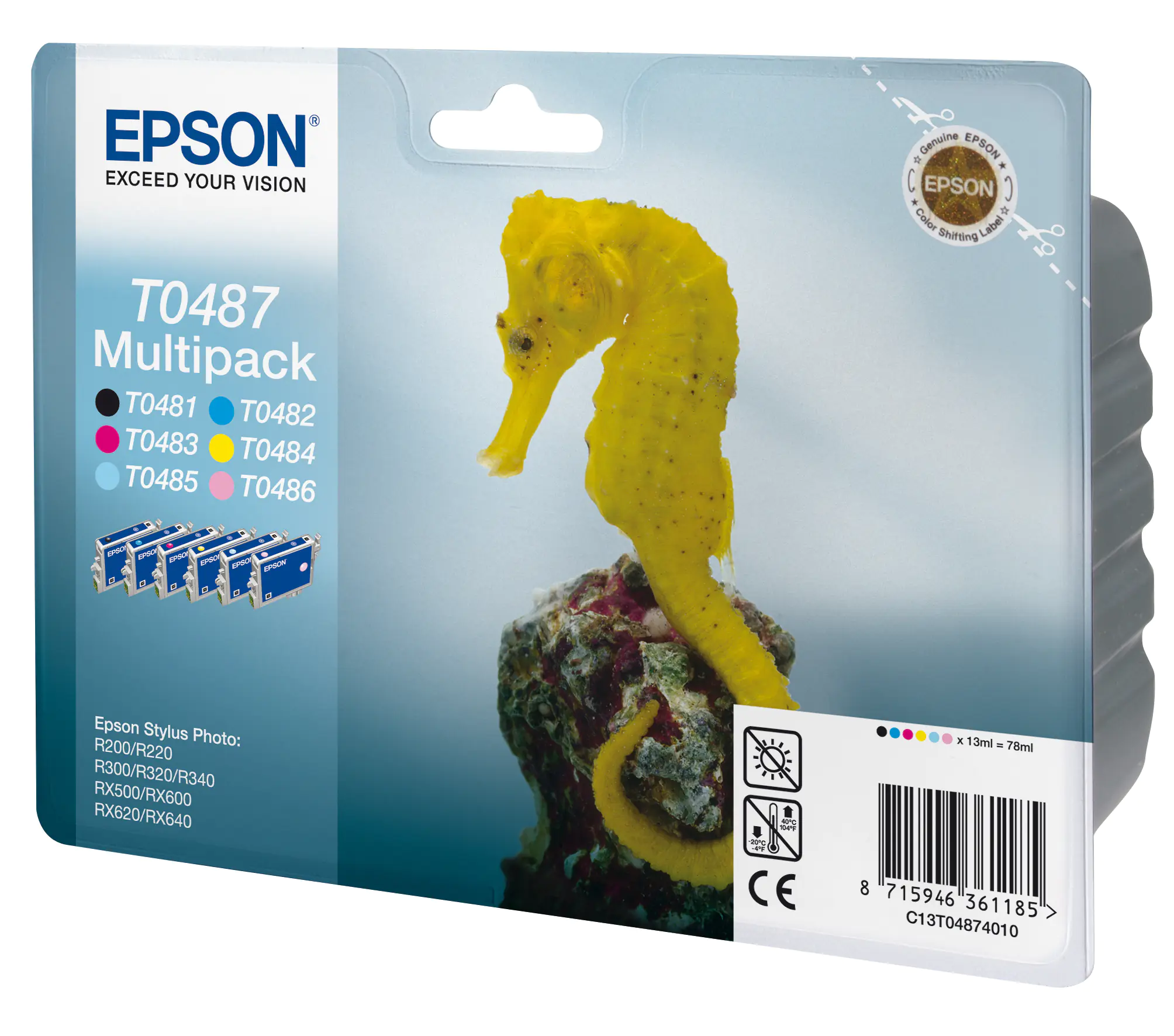 Epson Multipack T0487 - 6er-Pack - 78 ml - Schwarz, Gelb, Cyan, Magenta, hellmagentafarben, hell Cyan - Original - Blisterverpackung - Tintenpatrone - für Stylus Photo R200, R220, R300, R300 ME, R300M, R320, R340, RX500, RX600, RX620, RX640