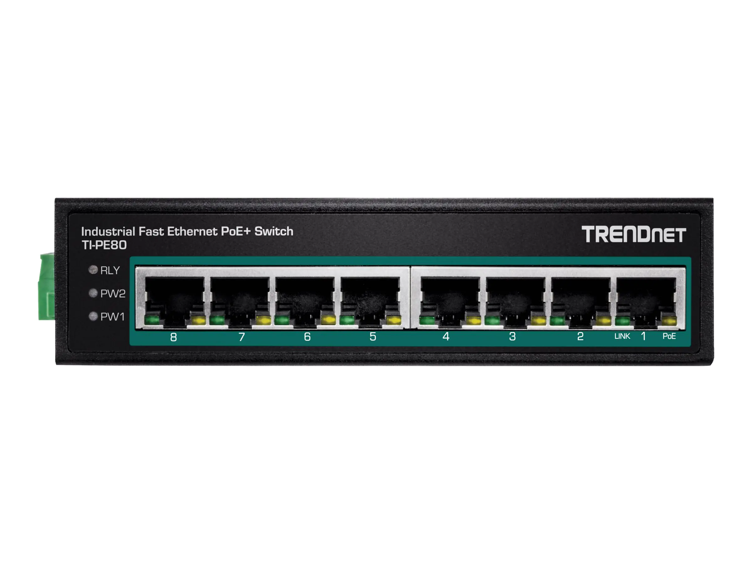 TRENDnet TI-PE80 - Industrial - Switch - 8 x 10/100 (PoE+) - an DIN-Schiene montierbar, wandmontierbar - PoE+ (200 W) - Gleichstrom - TAA-konform