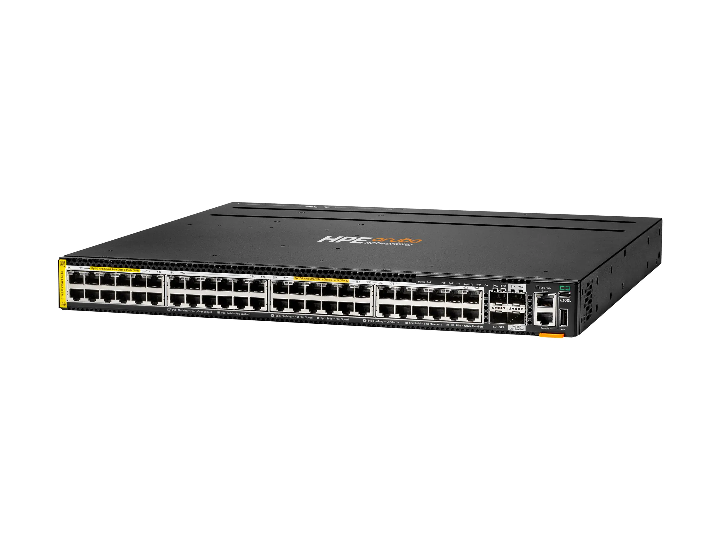 HPE Aruba Networking CX 6300L 48p Smart Rate 1G /2.5G/5G Class8/6 PoE 2p 50G and 2p 10G LRM L2