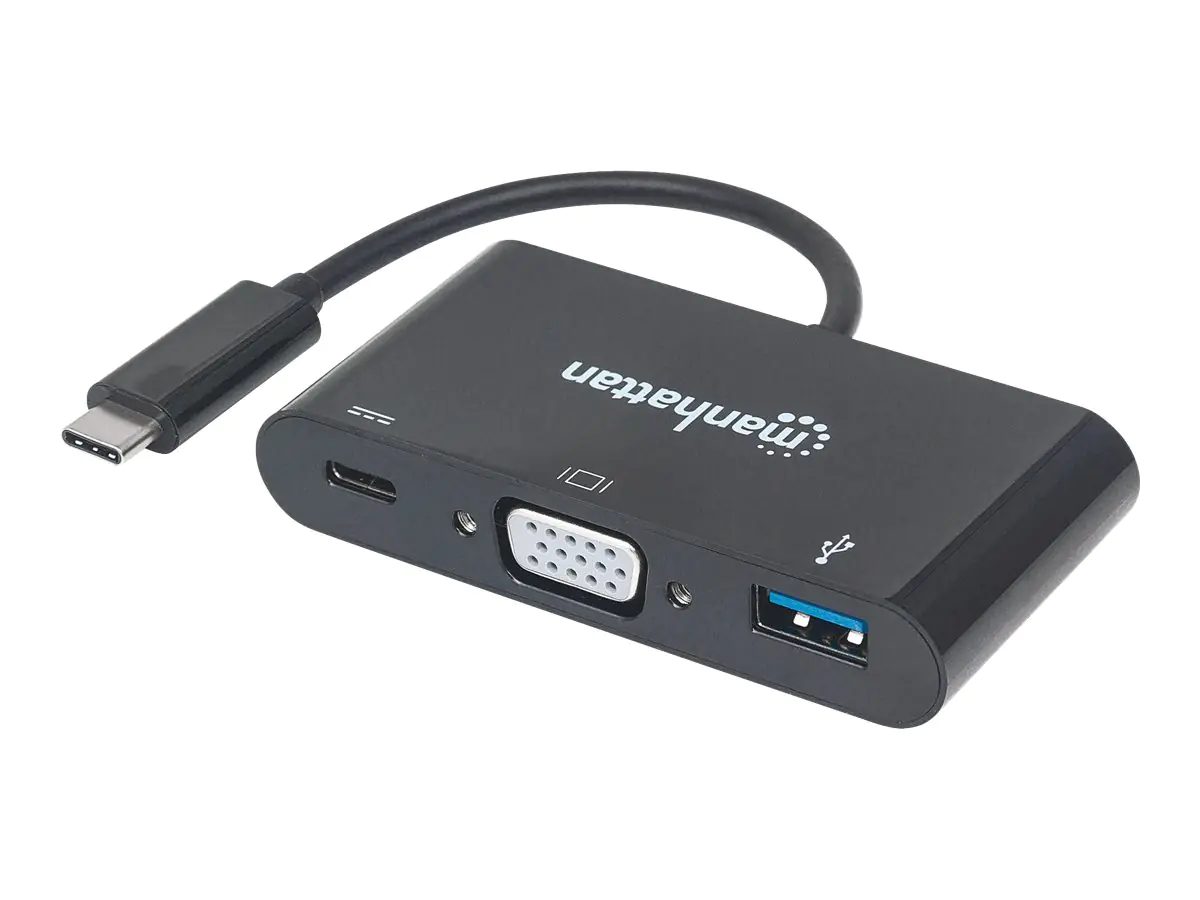 Manhattan USB-C 3-Port Hub/Dock, USB-C to USB-A, USB-C and VGA, 5 Gbps (USB 3.2 Gen1 aka USB 3.0), 1080p@60Hz, Power Delivery to USB-C Port (60W), Cable 8cm, Black, Lifetime Warranty, Blister - Dockingstation - USB-C 3.1 - VGA
