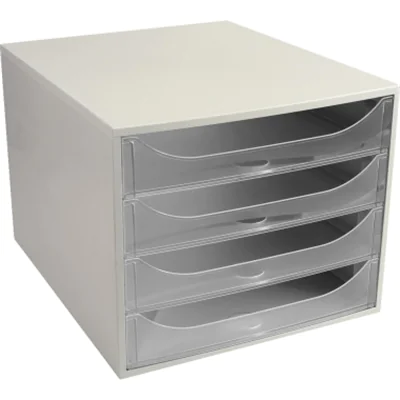 Exacompta Schubladenbox ECOBOX 4 Schubladen DIN A4, Überbreite Polystyrol Gehäusefarbe: grau Farbe der Schublade: kristall