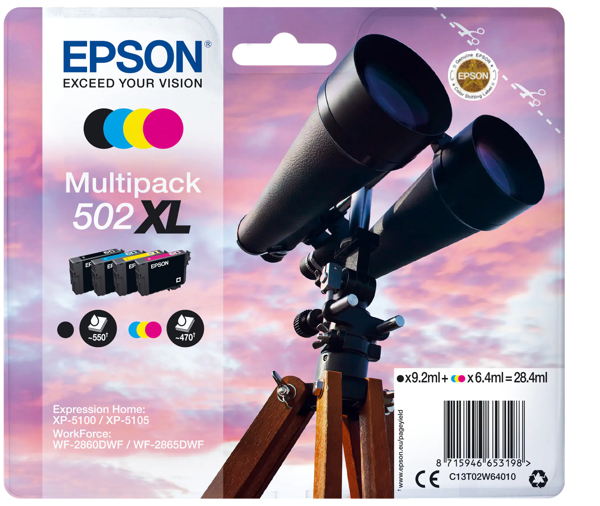Epson 502XL Multipack - 4er-Pack - XL - Schwarz, Gelb, Cyan, Magenta - original - Blisterverpackung - Tintenpatrone - für Expression Home XP-5100, 5105, 5150, 5155; WorkForce WF-2860, 2865, 2880, 2885