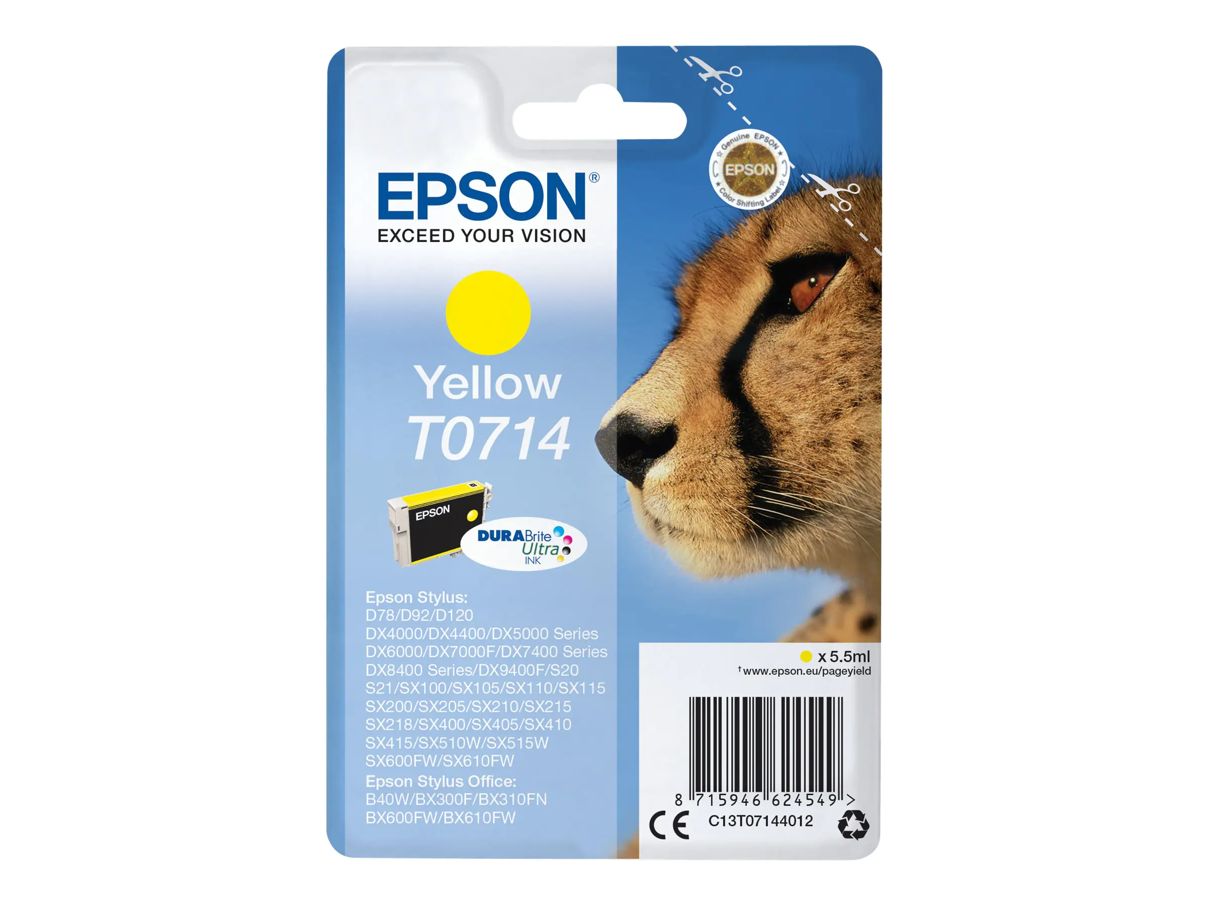 Epson T0714 - 5.5 ml - Gelb - Original - Tintenpatrone - für Stylus DX9400, SX115, SX210, SX215, SX218, SX415, SX515, SX610; Stylus Office BX310, BX610