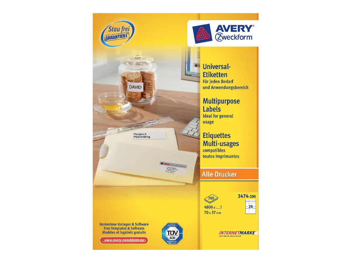 Avery Zweckform Universal - Weiß - 37 x 70 mm 4800 Etikett(en) (200 Bogen x 24 Etiketten 3474-200