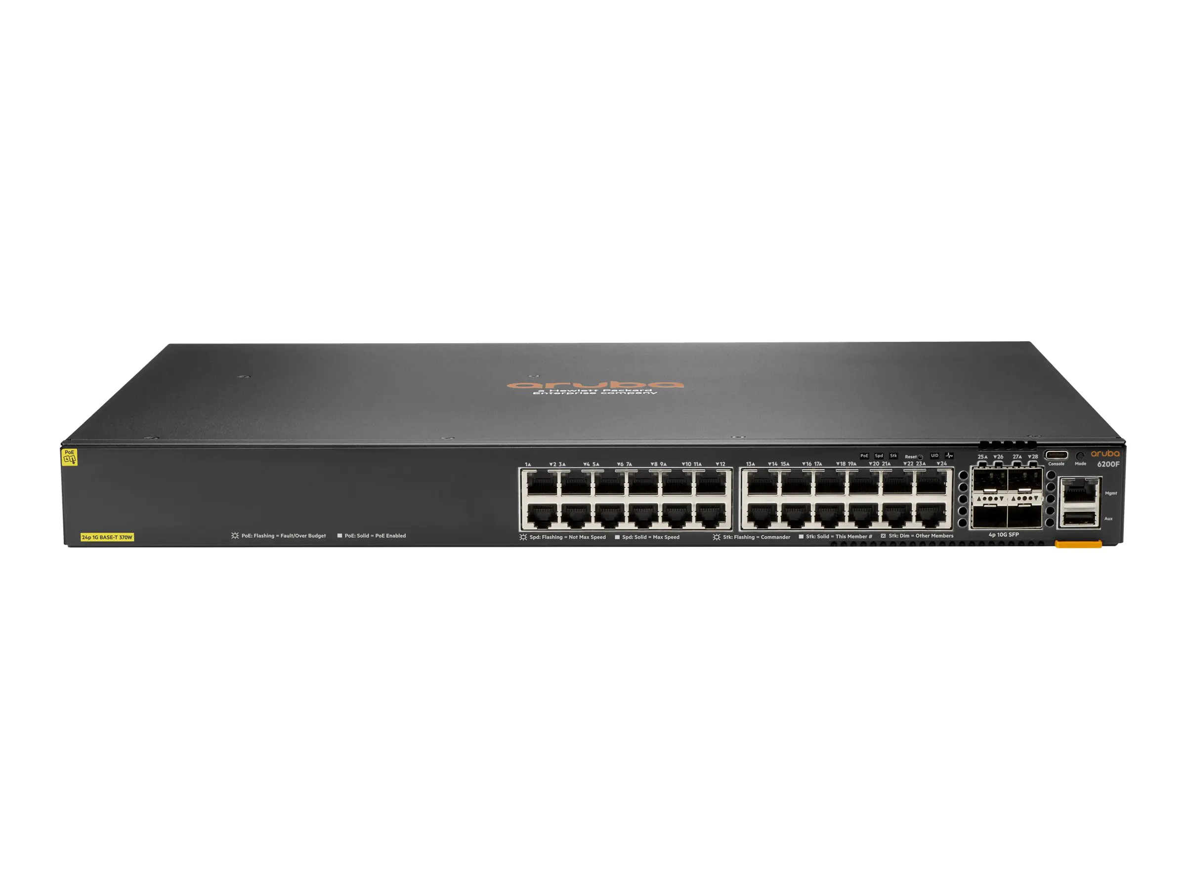 HPE Aruba 6200F 24G Class4 PoE 4SFP+ 370W Switch - Switch - max. Stapelentfernung 10 km - L3 - managed - 24 x 10/100/1000 (PoE+) + 4 x 1 Gigabit/10 Gigabit SFP+ (Uplink) - an Rack montierbar - PoE+ (370 W) - BTO