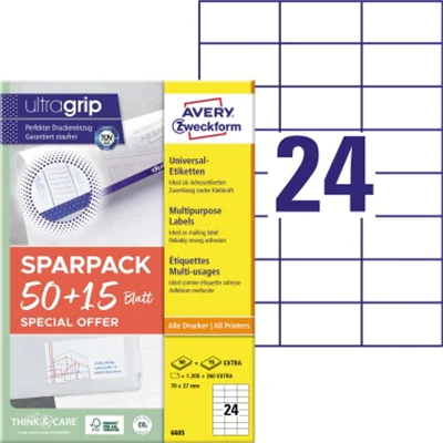 Avery Zweckform Universaletikett ultragrip 70 x 37 mm (B x H) nicht wieder ablösbar Papier weiß 1.560 Etik./Pack.