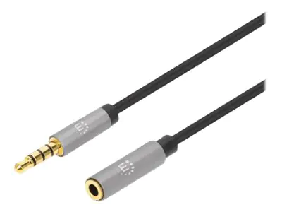 Manhattan Stereo Audio 3.5mm Extension Cable, 2m, Male/Female, Slim Design, Black/Silver, Premium with 24 karat gold plated contacts and pure oxygen-free copper (OFC) wire, Lifetime Warranty, Polybag - Audioverlängerungskabel - Mini-Phone Stereo 3,5 mm 4-