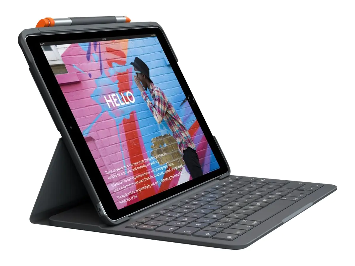 Logitech Slim Folio - Tastatur und Foliohülle - kabellos - Bluetooth LE - QWERTZ - Deutsch - Oxford Gray - für Apple 10.9-inch iPad Wi-Fi