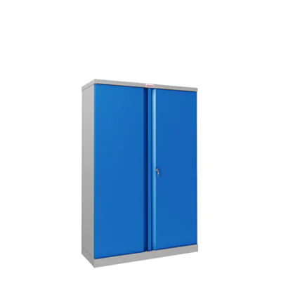 Phoenix Flügeltürenschrank 915 x 1.400 x 370 mm (B x H x T) 3 Fachböden Stahl, pulverbeschichtet Farbe der Front: blau Farbe des Korpus: grau