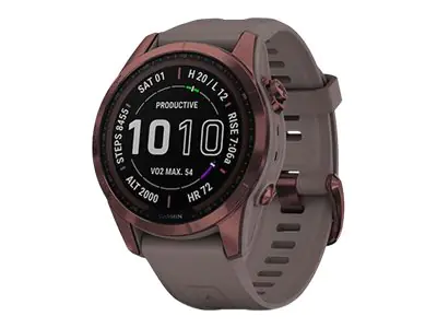 Garmin fenix 7S Sapphire Solar - 42 mm - dark bronze titanium - Sportuhr mit Band - Silikon - Shale Gray - Handgelenkgröße: 108-182 mm - Anzeige 3.04 cm (1.2") - 32 GB - Bluetooth, Wi-Fi, ANT+ - 58 g