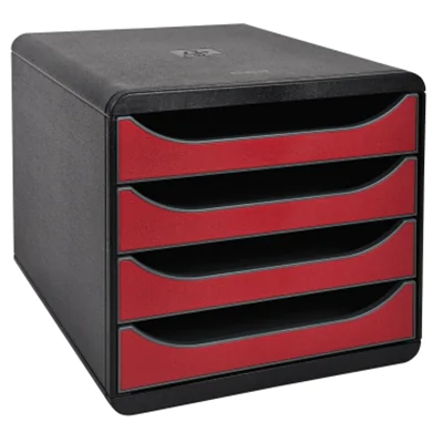 Exacompta Schubladenbox BIG-BOX 4 Schubladen DIN A4, Überbreite Polystyrol Gehäusefarbe: schwarz Farbe der Schublade: karminrot