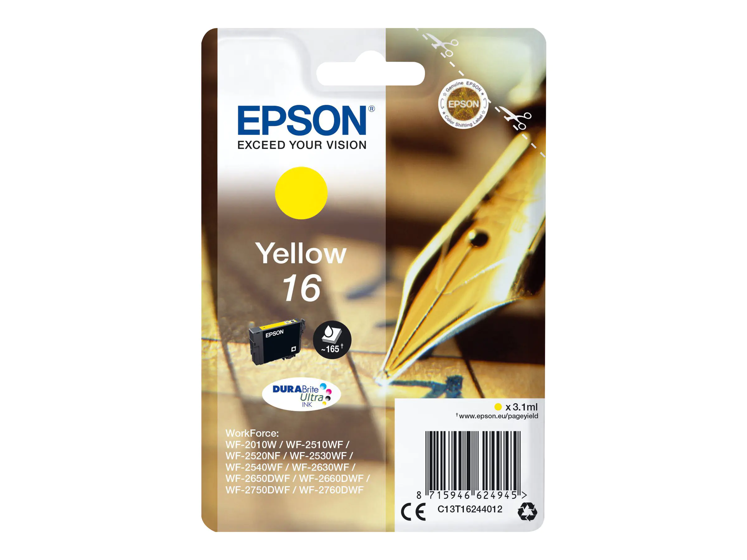Epson 16 - 3.1 ml - Gelb - Original - Tintenpatrone - für WorkForce WF-2010, WF-2510, WF-2520, WF-2530, WF-2540, WF-2630, WF-2650, WF-2660, WF-2750